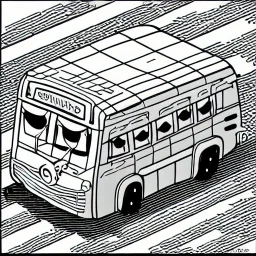 isometric rigid smiling bus with eyes by jim woodring in cartoon style