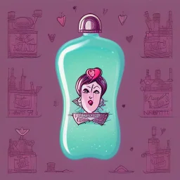 Cartoon illustration of love potion number 9 bottle sparkling, enchanted, fantasy illustration, highly detailed vintage story art style, purple tones, exaggerated, surreal