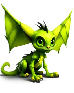 Flux P: a small gremlin, with large expressive yellow eyes and oversized ears that resemble bat wings. The creature has a vibrant green, slightly scaly skin, and a playful, mischievous expression. It sits in a dynamic pose, with a curled tail and pawed feet featuring sharp, claw-like toes. The background is minimalistic and bright white, emphasizing the creature's vivid colors. The lighting is soft and even, highlighting the detailed textures of the skin and the glossy shine of the eyes. The ove