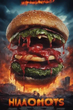 Movie Poster - a Giant, Slimy, Radioactive, Mutant Hamburger Patty Monster, dripping puss and blood, extremely exaggerated muscles, fire, molten flowing lava, blackness, apocalyptic wasteland, burning buildings, explosions, multicolored lightning, horror, fright, fear, heavy metal music, hard rock music, Singing, dancing, vampires, werewolves, dark scary monsters, things that go bump in the night, photorealistic, -- ar 9:16 -- style raw,