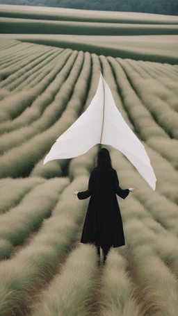 a woman standing in a field holding a large leaf, inspired by Ren Hang, design milk, long black hair, whites, wanderers traveling from afar, trending on artisation, cloning spell, coat pleats, in twin peaks, submarine, by Helen Thomas Dranga, symetry, round-cropped, noire photo