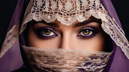 A woman with striking golden-brown eyes, which are partially concealed by a dark purple headscarf. Her shyly looking into the camera. The combination of her lace headscarf, beautiful eyes and the fine lace of her face veil creates an intriguing and visually appealing scene, highly detailed, high contrast, perfect lights, masterpiece