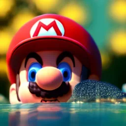 Super Mario underwater with red hat for hair, closed eyes, rtx, reflection, 8k, glow, winning photography, caustics