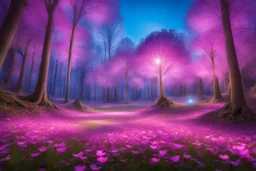 magic brightness tringle of light and bluebeam in a magic blue and pink lawn in a fairy forest, with lightness sky