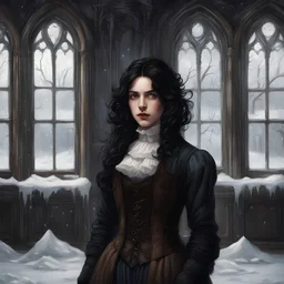 Une jeune femme aux cheveux noirs et aux yeux marrons se tient au centre d'une pièce d'un manoir gothique victorien. Elle est entouré de neige et de vent. Les vitres sont fissurés. Un tableau est accroché au mur, c'est le portrait d'un beau jeune homme. L'atmosphère est sombre, sinitre, gothique et tragique.