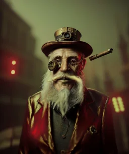 Surreal, steampunk, cabaret scene. Russian old man. Sweat, rain, smoking, happy, hot, people background, highly detailed, concept art, unreal engine 5, god rays, ray tracing, RTX, lumen lighting, ultra detail, volumetric lighting, 3d, finely drawn, high definition, high resolution.