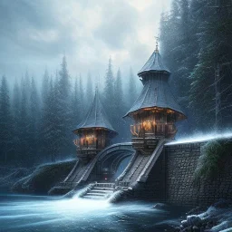 fantasy art, book cover, upper body of big mad wizard in front of the ebony stairs of a bridge or dam ,icy water, on the bridge is a wolf, there is also a hawk and everything is seen from the tree tops