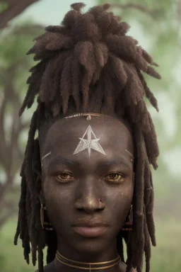 african head portrait, warrior costume, village, meditation, woods, galaxy sky, 8k quality