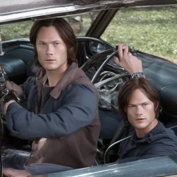 1 Sam Winchester from Supernatural realistic in a black 1967 chevrolet impala's drivers seat