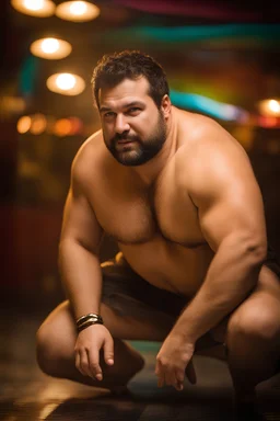 full figure photography of a chubby muscular strong 39-year-old hairy turkish in a discoteque, ajar mouth, shirtless, short beard, bulge, dancing, serious, manly chest, very hairy, side light, view from the ground