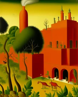 An orange colored crystal factory in a plague painted by Henri Rousseau