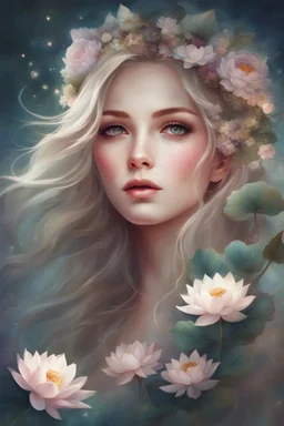 a painting of a girl with flowers in her hair, beautiful fantasy art portrait, beautiful fantasy portrait, lotus floral crown girl, beautiful fantasy painting, very beautiful fantasy art, beautiful fantasy art, flower tiara, fairytale artwork, detailed realistic beautiful, fantasy portrait art, exquisite digital illustration, anna dittman, gorgeous digital art, beautiful fantasy maiden, beautiful anime portrait