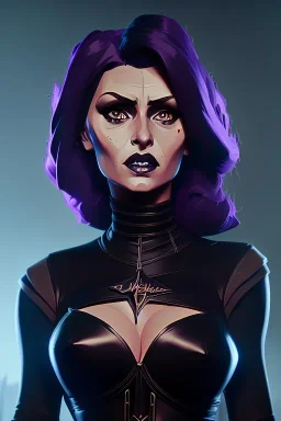 Medieval witch SOPHIA LOREN dressed in shiny black leather, blade runner, busty, cleavage, volumetric lighting, particales,highly detailed,cinematic, deep colours,8