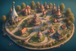 Theme park in the style of Slavic old fairy tales, roads, bird's-eye view