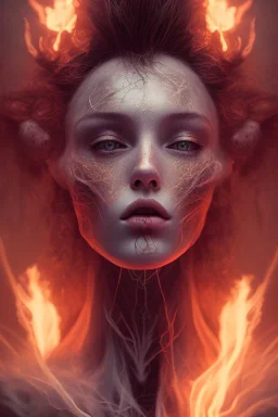 portrait photography of an ethereal beautiful animal goddess, Fire theme art, Dark moody night atmosphere, Portrait of a woman by Michelangelo, 8K, close-up face, anatomically perfect face, oak tree roots, ignore NSFW