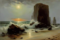 Amazing night, rocks, sea, waves, seashore, sand, cliffs, friedrich eckenfelder and ernest welvaert impressionism paintings