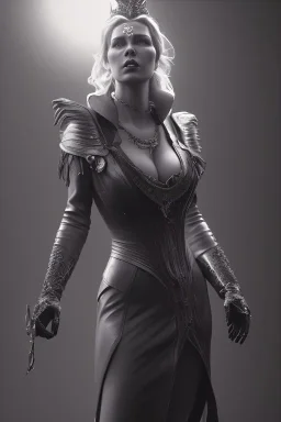 Hannah Waddingham, Rebecca Welton, as evil queen in black leather, busty, cleavage, dominatrix, curvy, angry, stern look. unreal 5, octane render, cinema4d, dynamic lighting, dramatic lighting, 4k, redshift render, highly detailed, hyper realistic,anthropomorphic black wolf long