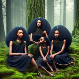 Octane render. Ultra realistic photo .a group of women.five young black women sitting around a fire. Black Sisters. Sitting and Standing together. the face of A young black woman. A wood nymph emerging from the forest. Her hair looks like vines. Dreadlocs. Her skin is the colour of dark soil. Her skin looks like tree bark. Her clothing is made of vines, grass and leaves.