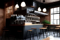 10k hyper realistic detailed modern industrial design Cafe/shop with glass paneling, low hanging lights, large Coffee machine and coffee grinder