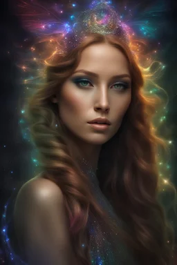 (((An Alien goddess Made of lights)) ((chainmail) Epic colors, (fairy wings) ((ethereal)), (Nebula)) Long flowing hair, HDR, hyperrealism