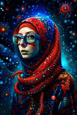 woman hijab indonesia clothing an octopus, red hair, octopus on head, long tall, falling comets, reflective sunglasses, heavy rain, outer space, shooting stars, dramatic light, laser beams, space war, battlefield face made of dots, pointillism, dotted multicolored shapes, symmetrical, digital art, hologram, virtual reality, digitized structure, ultra detailed, 3d render, trending on, by addiedigi