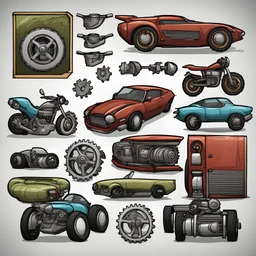 Sprite sheet, car parts, motor, gears, icons, white background, comic book,