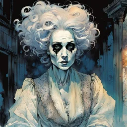 create an imaginative drawing of the pale translucent ghost of an aged Parisian gypsy female fortuneteller, clothed in tattered and ragged, ornate Napoleonic period dress, with finely detailed hair and feminine facial features, in the otherworldly shadows of the Paris catacombs, in the comic book art style of Bill Sienkiewicz, Mike Mignola, and Jean Giraud Moebius, finely textured, drawn, colored, and inked