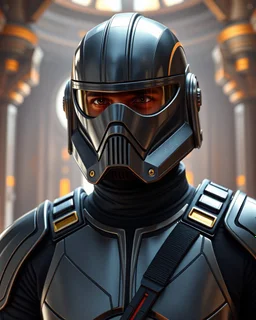 star wars bald male corellian pilot wearing pearlescent black and gunmetal grey First Order special forces heavy assault stealth commando armor and helmet with mirrored visor and gold and metallic red trim inside the jedi temple, hyperdetailed, dynamic lighting, hyperdetailed background, 8k resolution, volumetric lighting, light skin, fully symmetric details