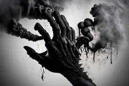 A black hand made out of black smoke violently crushing a human heart, squeezing all blood out of it, foggy, surreal