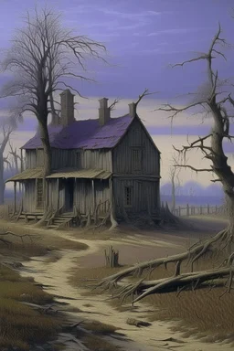 A grayish purple rickety house near a graveyard painted by Caspar David Friedrich