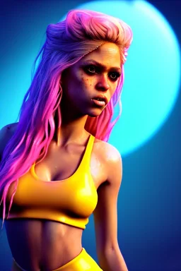 portrait, Shakira, blonde artist, angry, Realistic image, latex style dress. Skewers, loose long hair, eyes make up, perfect, glow, circle iris. Neon colors, leds, geometric shapes. Dark background, photo studio, neon lights. Cyberpunk, concept art, smooth, unreal engine 5, god lights, ray tracing, RTX, lumen lighting, ultra detail, volumetric lighting, 3d, finely drawn, high definition, 4k.