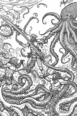 coloring pages for kids, 3 beatifull merman warriors fighting against a big octopus underwater, 8k, hyperdetailed, cinematic, 3d render, photo. cartoon style, thick lines, low detail, black and white, no shading, --ar 85:110
