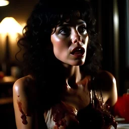 Horror movie shot, hot spooky, leech, shoulders, stunning, dining, huge breasi, ultra realistic, real, eerie, ultra realistic hot skinny woman, pieces of meat, Dario Argento, Stanley Kubrik, 1980's, ornate, 4k, photorealism, splatter horror, graphic, details of the skin extremely accentuated