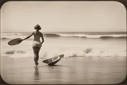 [VOYAGE ART DÉCO (1925)] landifornia: the beach at biarritz with surfing waves, she has a board