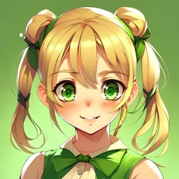 10 year old girl, golden blonde in pigtails with hairclips in hair, green eyes, anime style,