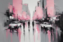 White, pink, and grey Abstract painting, city, people, impressionism painting