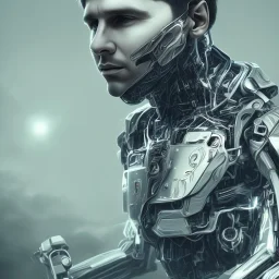 portrait face lionel messi, robot, argentina flag intricate, sci-fi, cyberpunk, future,