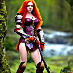 thundercats style, hyper detailed, stunningly beautiful teen girl, long ginger hair, green eyes, medium freckles, full lips, very skimpy fantasy intricate leather armour, full body, full face, c-cup breasts, aroused expression, biting lower lip, full frame, petite, centered camera, ignore NSFW, bow, quiver on hip