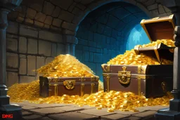 dnd, fantasy, watercolour, large strokes, stylistic, dungeon, piles of gold, chests full of gold, various riches, opulent, grandiose