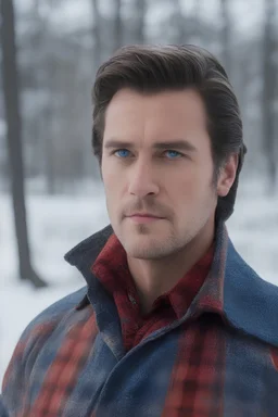 Blue eyes, close-up facial portrait - a Bright, well-lit UHD, 1080p 32k, photograph - winter time, hunting season, part Jesus Christ, part Elvis Presley with a mustache and short crew-cut hair, part Lee Majors, Part red and black checkered wool coat, blue jeans, cowboy boots, plaid shirt, sunbursts, crosses, 3D lighting, diamonds, hearts, Butterflies, Clovers, Roses, extremely colorful,