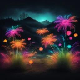 Dancing Colorful Neon Flowers With Neon Grass Whirling Dark Grunge Rustic Hill Background.