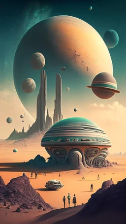 alien landscape with building and planets and people