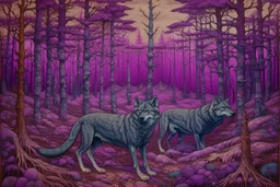 A purple forest with wolves painted by Qiu Ying