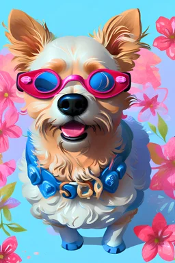 A detailed illustration of a happy yorkshire dog face, wearing trendy sunglasses, t-shirt design, flowers splash, t-shirt design, pastel tetradic colors, 3D vector art, light background, cute and quirky, fantasy art, watercolor effect, bokeh, Adobe Illustrator, hand-drawn, digital painting, bird's-eye view, isometric style, retro aesthetic, focused on the character, 4K resolution