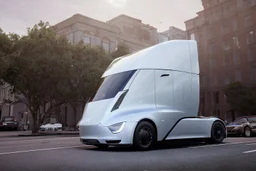 A Tesla 'Semi' (semi truck) is parked, on the streets of San Francisco. (CINEMATIC, WIDE ANGLE LENS, PHOTO REAL)
