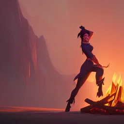 a busty female folk hero dancing by a bonfire