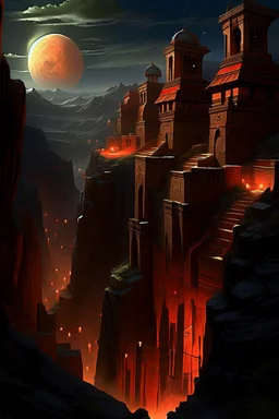 View of an ancient walled city sitting in a canyon as viewed from the rim of the canyon, the city is lighted by torches placed along the walls with windows high upon the wall, One window has a scarlet cord draped out reaching the ground, the sky is dark and surrealistic with planets and moons on the horizon, the rim of the canyon has armored soldiers laying in wait while 2 spies work their way down to the outside of the city wall where the scarlet cord hangs from the window above a cross