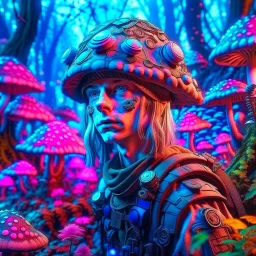 portrait of robotic hippie nephilim army officer inside psychedelic mushroom grove, 8k, down-light, soft light, depth of field, photo realism, trending on art station, high detail