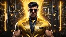 Hyper Realistic handsome muscular Electric-Superhero with short-black-hair wearing long-fancy-yellow-tuxedo-with-golden-circuit-patterns, Black-shirt & Golden-electric-tie & fancy-golden-sunglasses in a dark-rustic-circuit-room with electric-sparks-&-rays & a massive circuit-board-wall with-glowing-embers showing dramatic & cinematic ambiance.