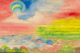 A light pink dream like sky with clouds and rainbows painted by Paul Klee